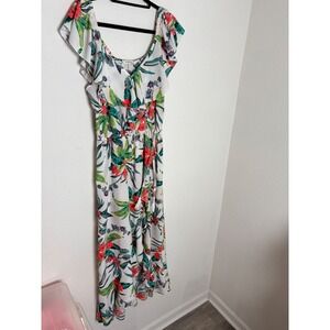 Indulge Tropical Floral Maxi Dress XL White Multicolor Excellent Ruffle Boho